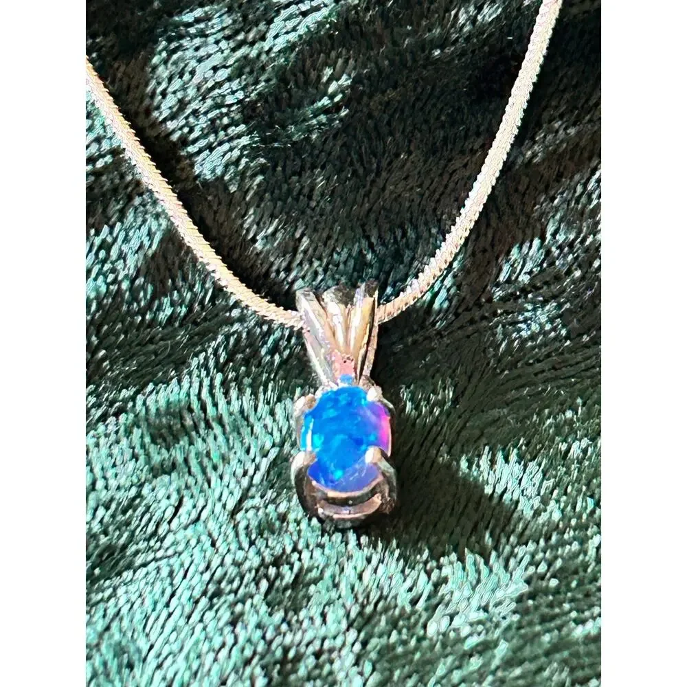925 Sterling Silver Blue Fire Opal Solitaire Necklace 16